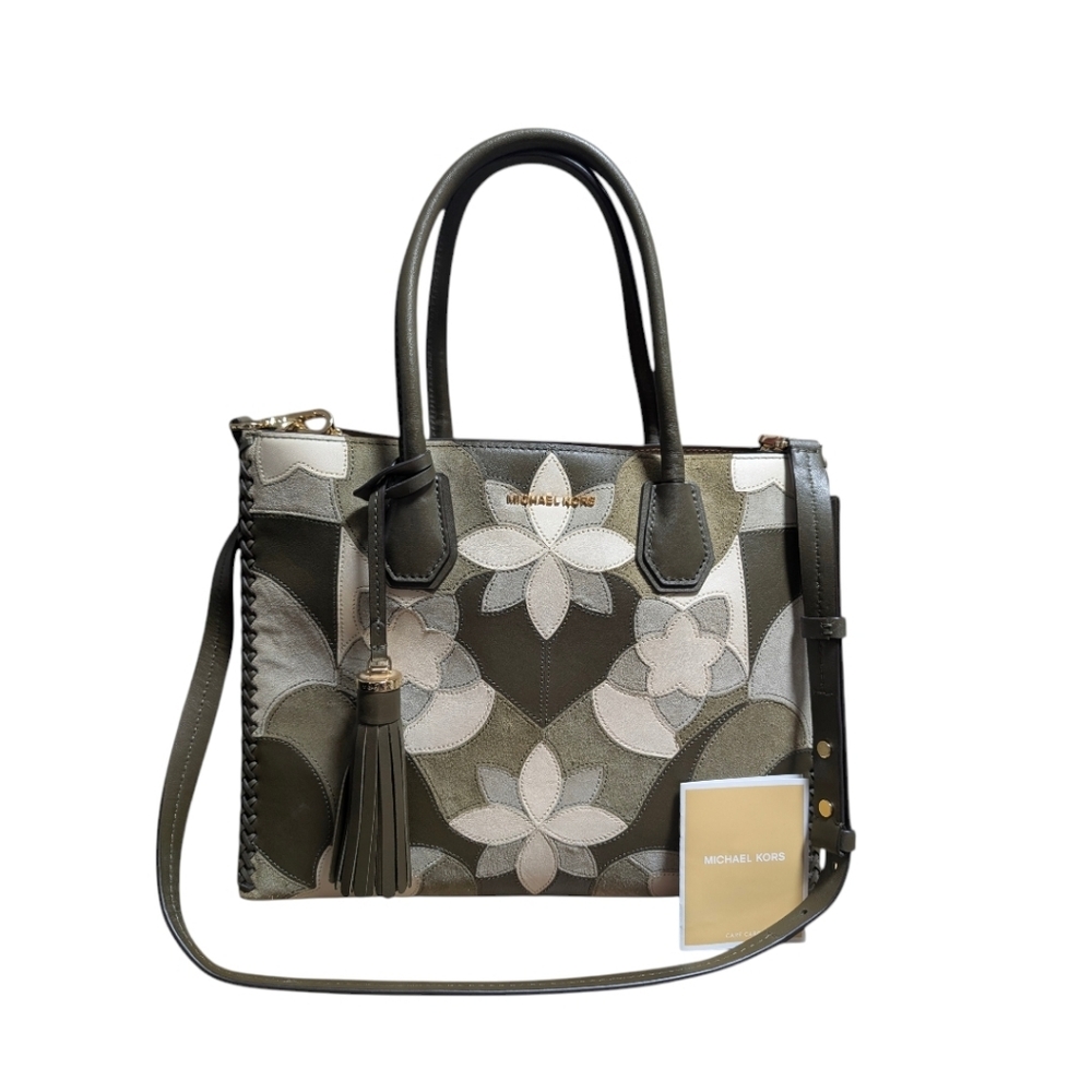 NWT MICHAEL Michael Kors Mercer Large Floral Patchwork Leather Tote Bag Olive